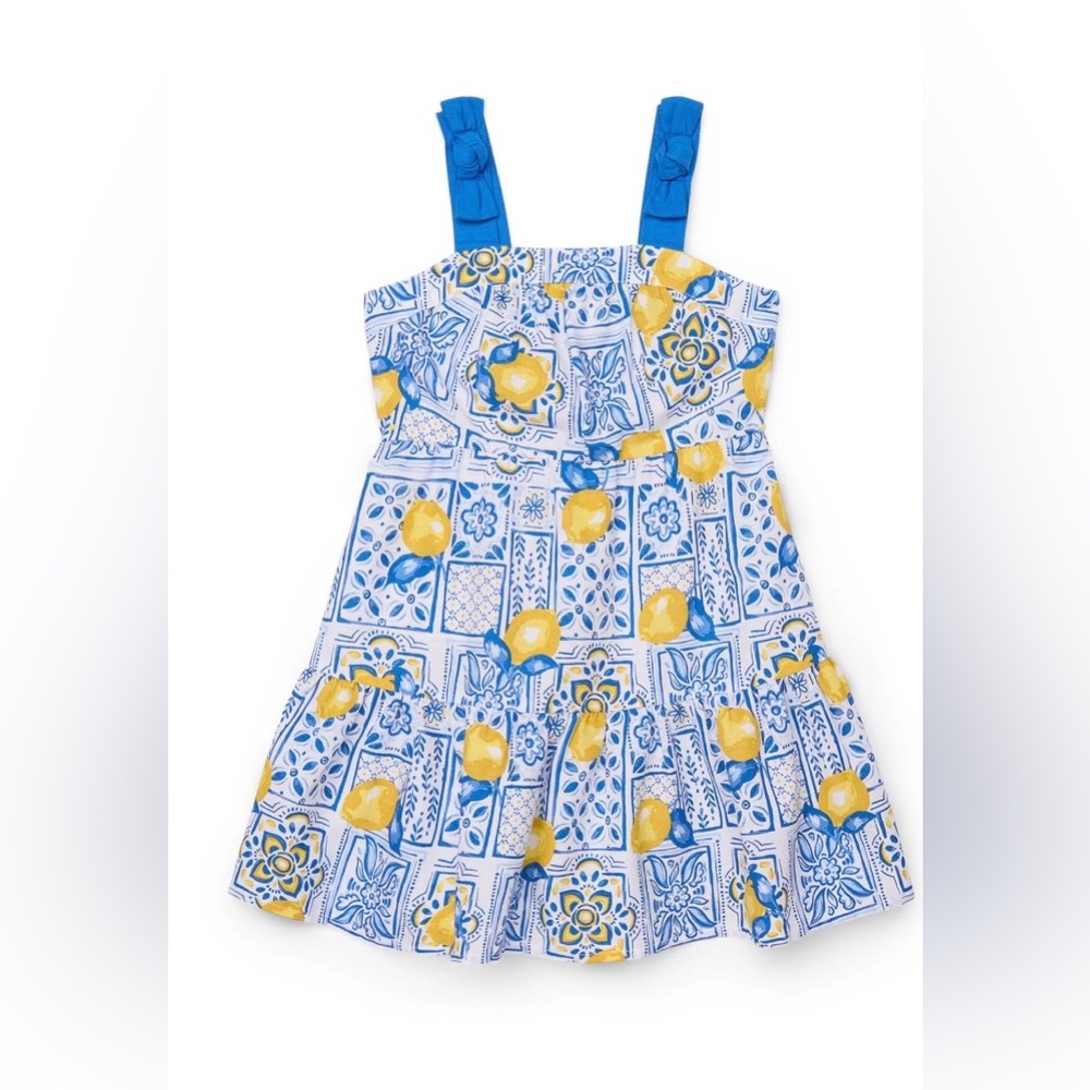 New Girls Zac Kids Lemon Blue White Sleeveless Dress with Bow straps Size XS 4/5
